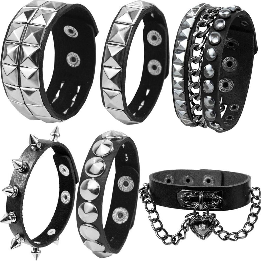 6PCS Leather Bracelets Punk Goth Rock Spiked Cuff Wristbands for Men Women